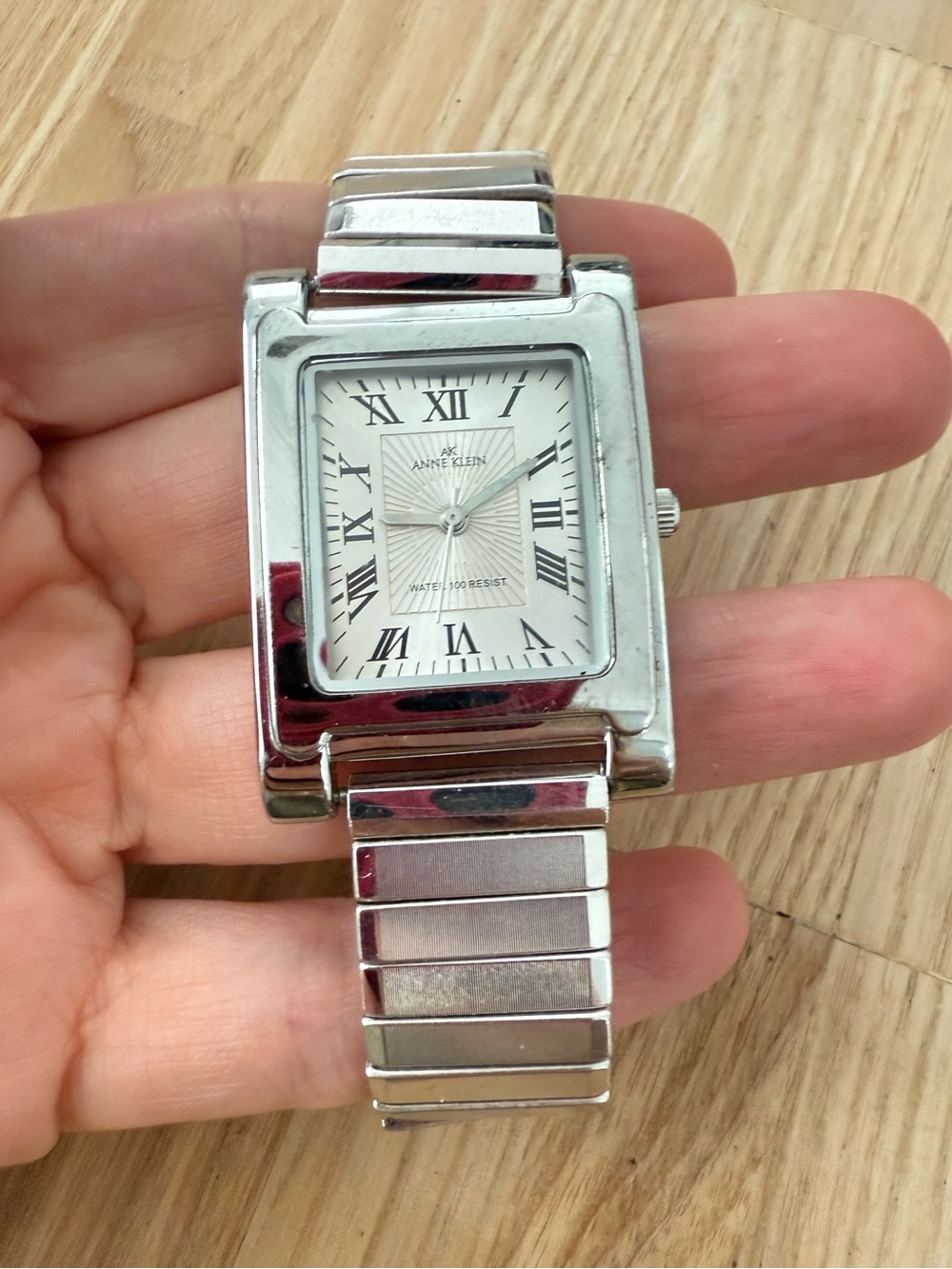 Anne Klein ladies rectangular silver tone expansion bracelet watch NEW BATTERY